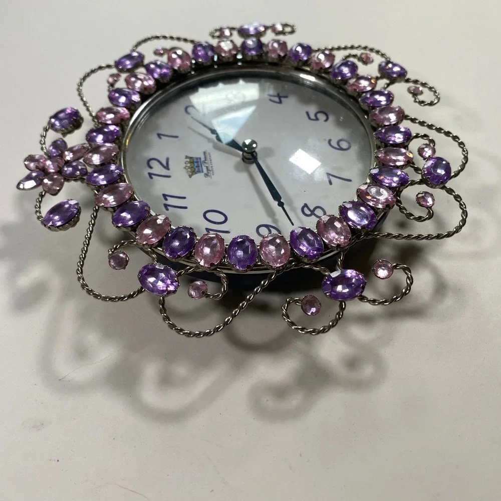 Royal Princess Clock Company Purple Pink Crystal Silver Tone Wall Clock Quartz